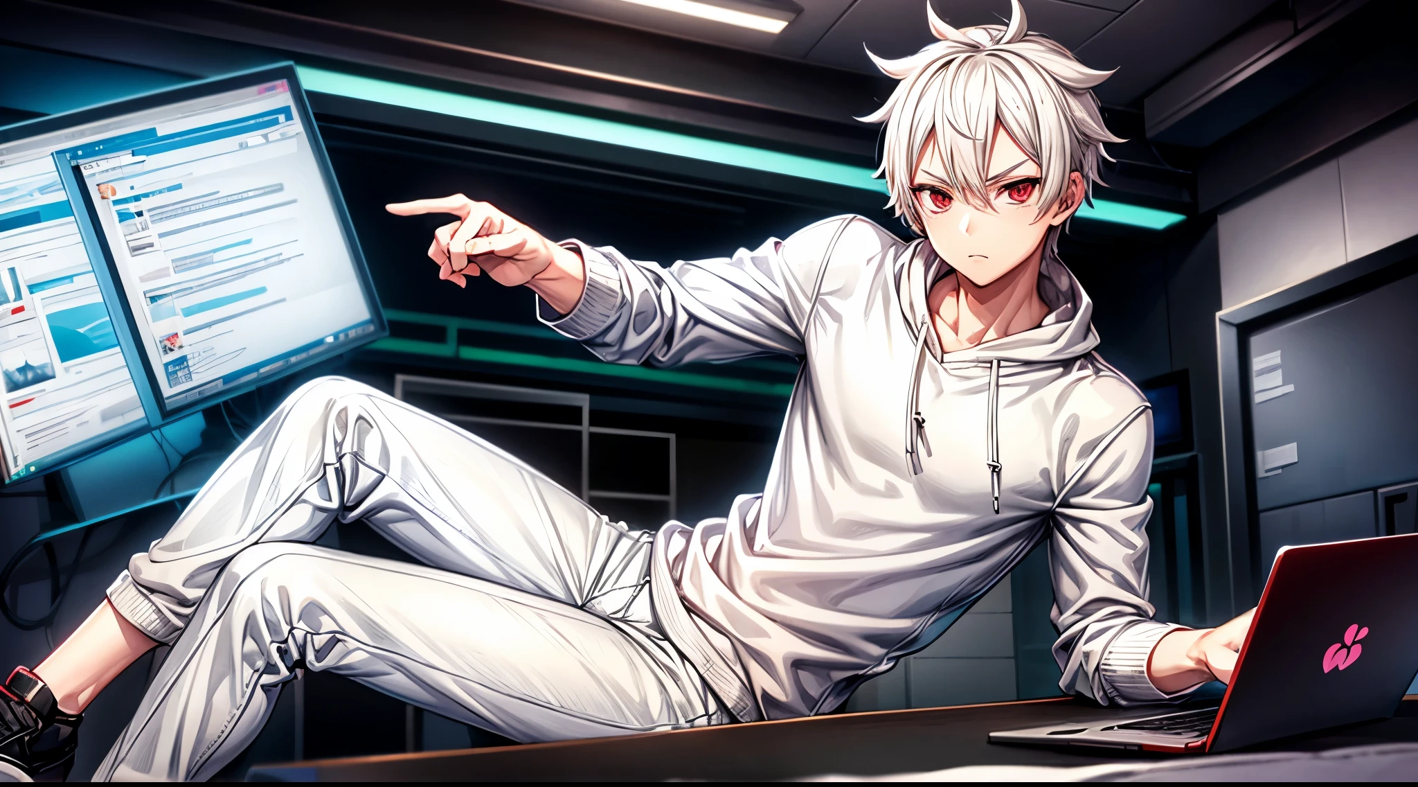 1 young person,alone,18-year-old,male,Shocked facial expression,blush,good looking,White hair Blue eyes,Purple eyes, Cat ear Side view Kneeled Open your mouth and scream suffer Sleeveless, wistful expression Exposure to electricity Gets done Thick tail Upper body naked Raised to be sexy Arms up Black pants