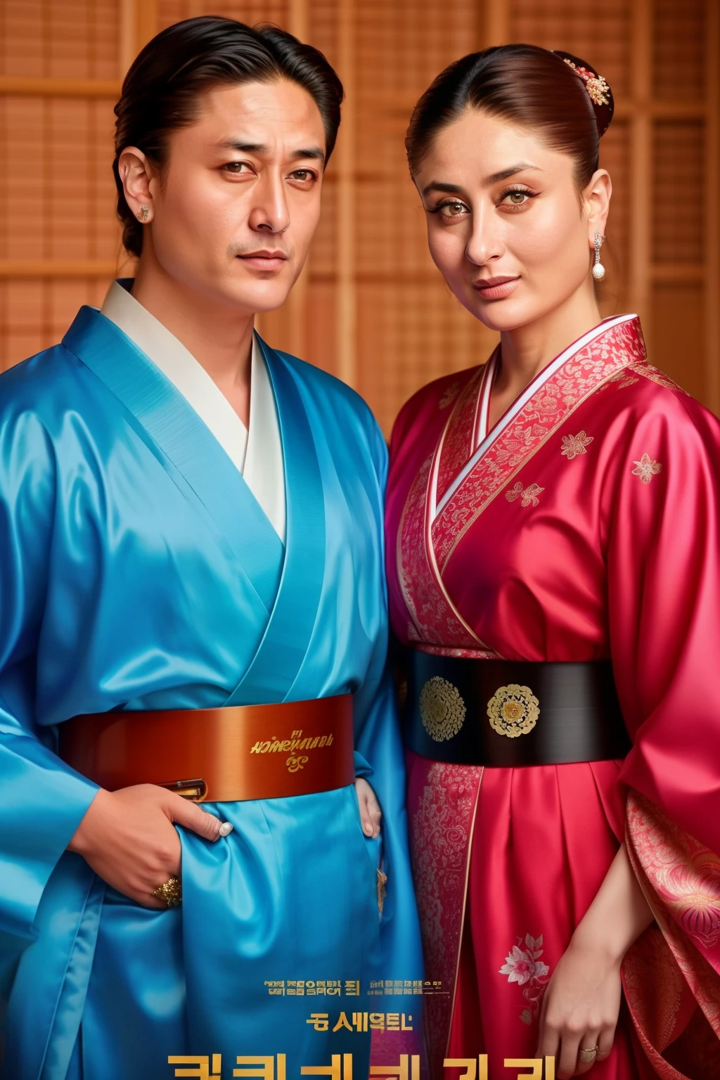 A Hollywood movie poster with Kareena Kapoor and Lee Min-h. They're wearing Korean king and queen dresses. Kareena is wear kimono, 6 persons in the poster, japanese historical love poster