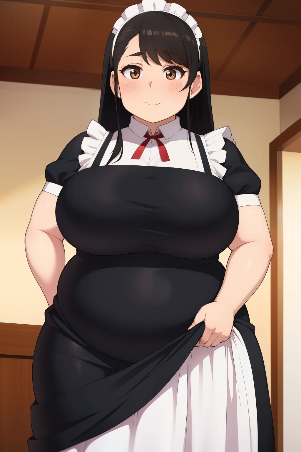 2 chubby big boobs black hair brown eyes chubby happy long hair blushing smile deredere maid dress