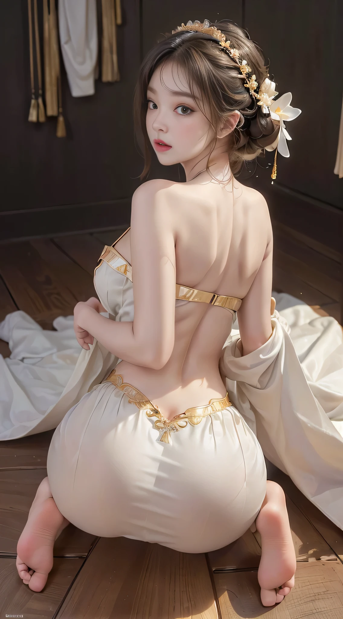 Sweet Big girl,korean dress, ((from below)), ((Bare shoulder)), ((Elegant and charming posture, random view shots)), ((Sit on the couch)), realistic detailed photo of a tight giant breasted girl with exposed shoulders, detailed fingers, high quality skin, red eyes, alone in a winter scene, wind, and flowing hair, (best quality,4k,8k,highres,masterpiece:1.2),ultra-detailed,(realistic,photorealistic,photo-realistic:1.37),studio lighting,vivid colors, nhung lụa, hoạ tiết tỉ mỉ, (white and gold:1.2), (Tight butts:1.5), (crawling position on the , buttocks facing the viewer:1.7)
