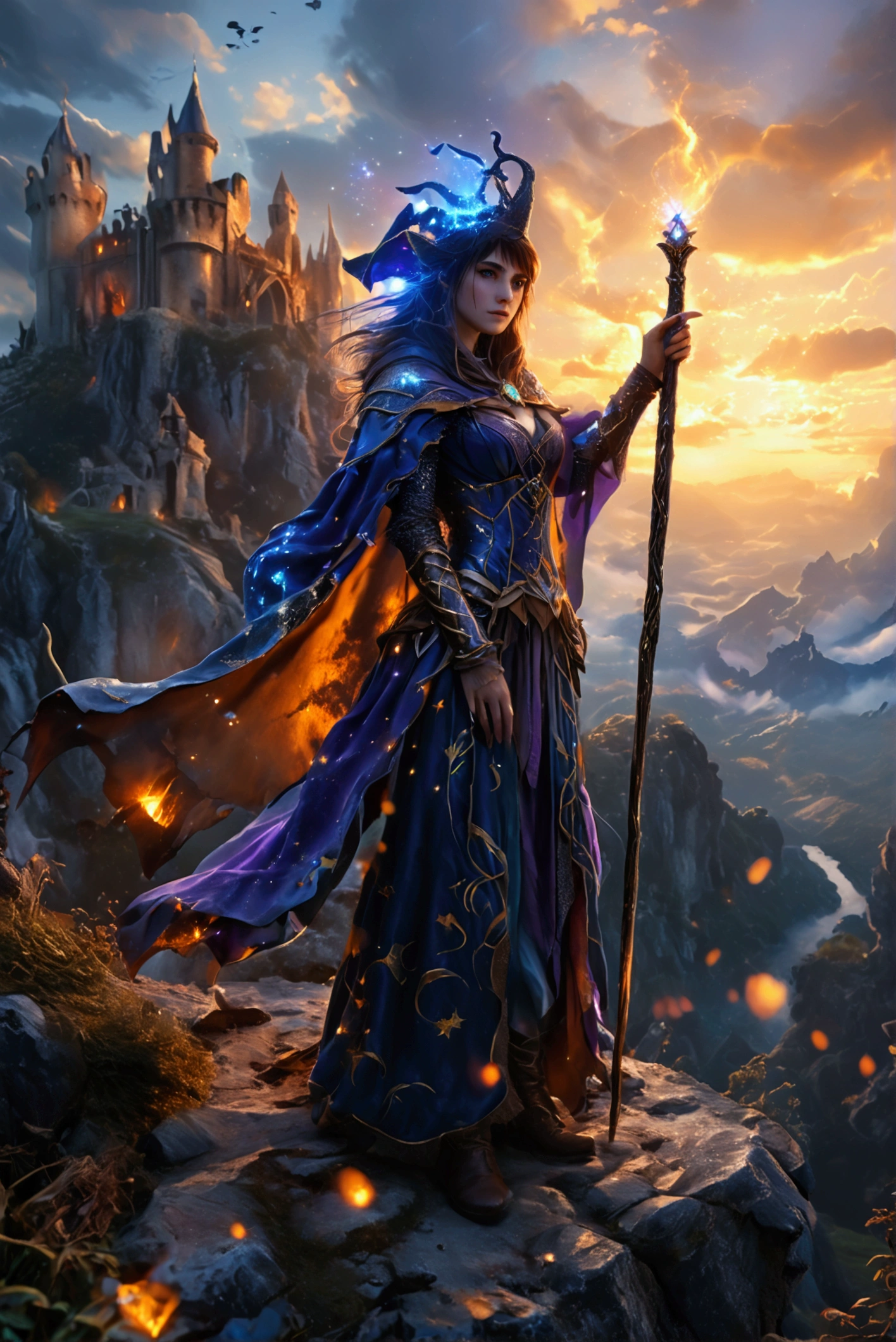 Sharp realistic and intricate cinematic rendering style illustration with a fragile, but powerful young witch sorceress standing on top of a cliff, holding a shining staff. Seu cabelo é curto na altura do pescoço com fringe baguncada, His clothes are worn and torn, They are a mix of a wizard&#39;s robes with Amazon and warrior armor., and she has a determined expression, but melancholy. Behind her rise colossal magical dragons, ruins of a destroyed kingdom with a darkness being softened by the magic of dragons and their magic, ruined castle in the distance. The sky is full of swirling clouds, with rays of magic illuminating the horizon.Art style should have vibrant realistic shading, with contrasting colors of deep blues, purple, and bright magical gold. The overall tone should be mysterious and epic., with magic dust and glitter, ultra sparkling vapors, 
 with a sense of the hidden power of the mystical sorceress mage.",
  
}high resolution, detail, HD model, Half moon earrings, bright pupils, EXPRESSIONS, Jewel, Sorcerer's hat, ray tracing, cinematic lighting, 3D Rendering, short hair, fringe, Brown hair, fringe entre os olhos, Best quality, anatomically correct, 