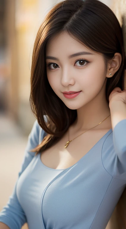 (1girl), (round eyes:1.2), (highly detailed face and eyes), smile, Amazing face and eyes, (frills shirt:1.3), cleavage, (Best Quality:1.4), (Ultra-detailed), (extremely detailed CG unified 8k wallpaper), Highly detailed, High-definition raw color photos, Professional Photography, Realistic portrait, Amazing face and eyes, indoors, office, (office lady, casual:1.3), (A moment of relaxation), model, depth of fields, (fine face:1.2),