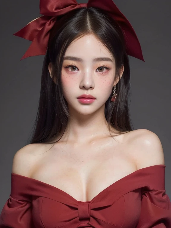 a woman with a red dress and a red bow on her head and golden eyes, artwork in the style of guweiz, realistic style, kawaii realistic portrait, ig model | artgerm, realism style, inspired by Yanjun Cheng, realistic young girl, guweiz, of an elegant, in the art style of bowater , 🤤 girl portrait, realistic aesthetic, small freckles, hyper realistic teenager, barbie doll, freckles!!!, detailed face, realistic face, realistic fingers, jisoo from blackpink , popular south korean makeup, quality detailed ,(beautiful makeup :1.2), big, big ass, (best quality, 8K, masterpiece: 1.3), Clear focus: 1.2, Perfect body beauty: 1.4, strong abs, Very detailed face and skin texture. , detailed eyes, double eyelids, (long hair), having very marked curves, with greater volume in ((big breasts)), bust big