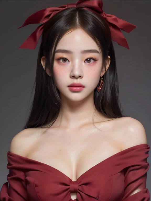 a woman with a red dress and a red bow on her head and golden eyes, artwork in the style of guweiz, realistic style, kawaii realistic portrait, ig model | artgerm, realism style, inspired by Yanjun Cheng, realistic young girl, guweiz, of an elegant, in the art style of bowater , 🤤 girl portrait, realistic aesthetic, small freckles, hyper realistic teenager, barbie doll, freckles!!!, detailed face, realistic face, realistic fingers, jisoo from blackpink , popular south korean makeup, quality detailed ,(beautiful makeup :1.2), big, big ass, (best quality, 8K, masterpiece: 1.3), Clear focus: 1.2, Perfect body beauty: 1.4, strong abs, Very detailed face and skin texture. , detailed eyes, double eyelids, (long hair), having very marked curves, with greater volume in ((big breasts)), bust big