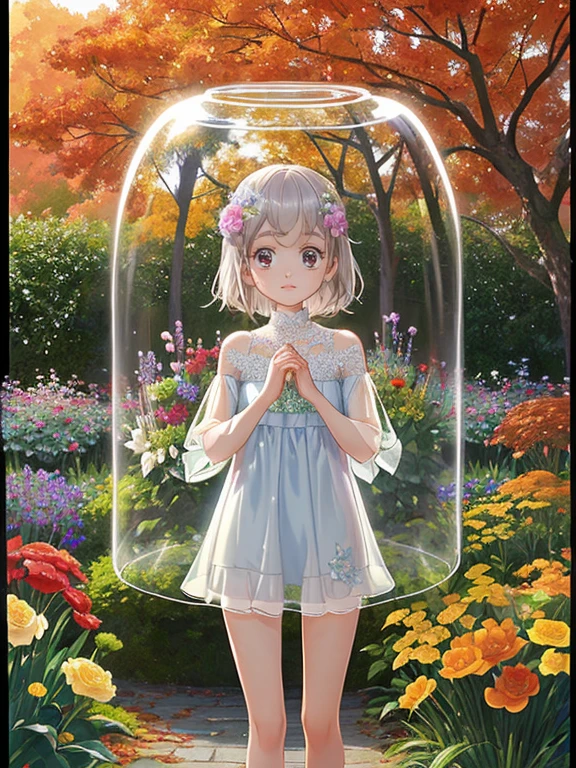 Realistic Skin, , Very short，Very thin thighs，，Small child:1.3，((Fully transparent:1.3) 透けたflower柄カジュアルドレス:1.2)，naked，outside，Park garden in early autumn，flower，Girl&#39;s Temptation，