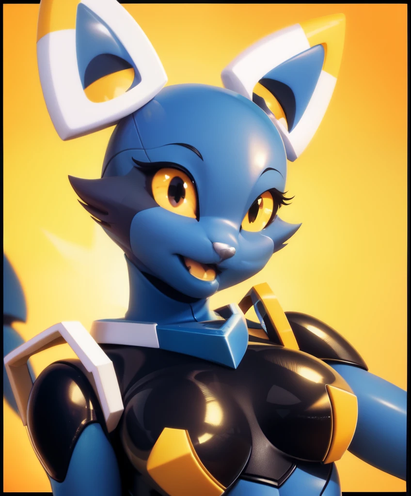 esix, cat girl, large breasts, furry anthro, floating ears, flaming tail, portrait, blue body, solo, (best quality), sexy pose, smile, black-yellow eyelue background, smug smile, half-closed eyes, looking at the viewer