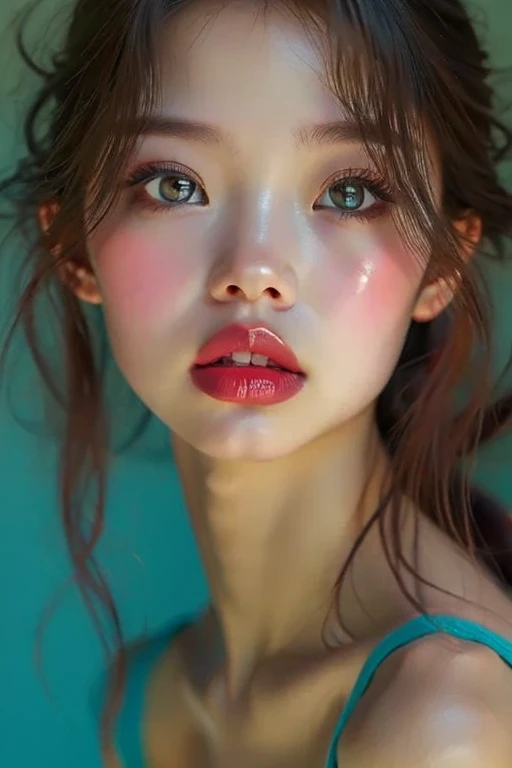 lips,Very detailed, Very realistic, Hyperrealism, Ultra-realistic, (masterpiece, Stylish eyes with attention to detail: 1.2), (cute), 15years old girl, Off-the-shoulder sheer clothing, White bra is visible through,Fashion studio white background, Head to chest upper body portrait, Eyes looking at the camera,(Body and head facing in the same direction), Improves skin texture, Emphasizes the thickness of the lips、Natural looking makeup, Highlight your lips, Lips slightly open in the center、Big Mouth, Thick lips, Moist lips, Fuller lips, Glossy lips, Lip balm makes your lips shiny, Long brown hair, (Perfect oval shape with large clear blue eyes), Blue gorgeous perfect eyes, (Charmingな若い女性:1.3), (Charming:1.3), Photorealistic, Bright and soft lighting, 4K, Best Quality
