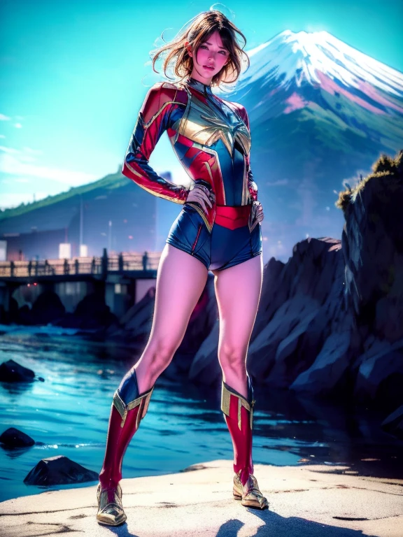 Captain Marvel, Full Body Shot, Very detailed, 8k, Actual Photos, Impressive lighting, Dynamic action poses, sci fi setting, Great energy effect, Advanced Technology, Heroic and powerful, With Mt. Fuji in the background、Standing on top of an abandoned building。