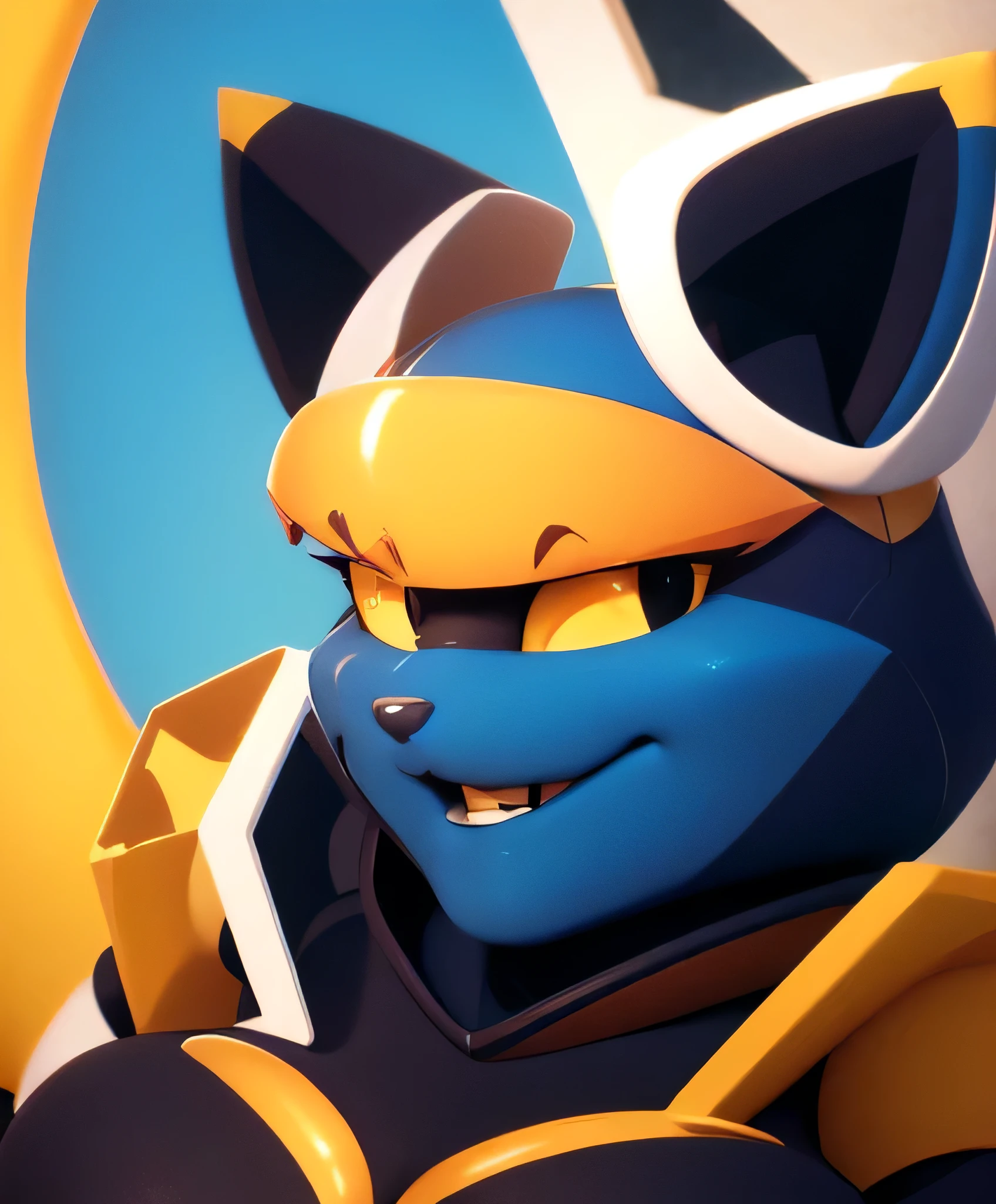 esix, cat girl, Big breasts, furry anthro, floating ears, flaming tail, portrait, blue body, solo, (best quality), sexy pose, smile, black-yellow eyelue background, smug smile, half-closed eyes, looking at the viewer, full body view 