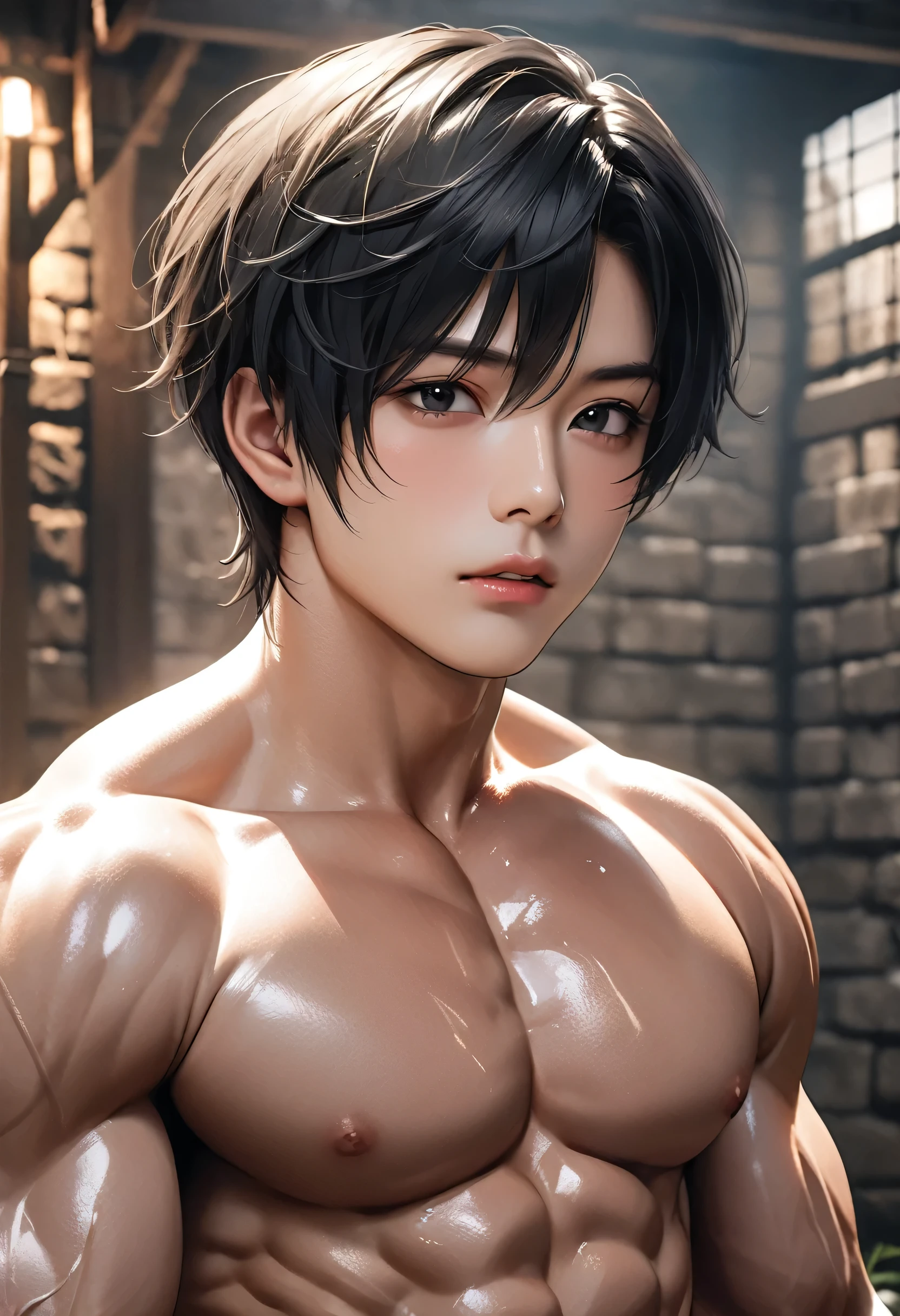 high quality, detailed, Realistic, (24 years old japanese idol body builder boy), (detailed black eyes), (black short hair), (abs:1.5), (dark brown skin), dungeon, (black tiny thong), (bulge), (detailed nipples), detailed areola,best quality,4k,8k,highres,masterpiece:1.2),ultra-detailed,(realistic,photorealistic,photo-realistic:1.37),smirk,face close up, --no watch,