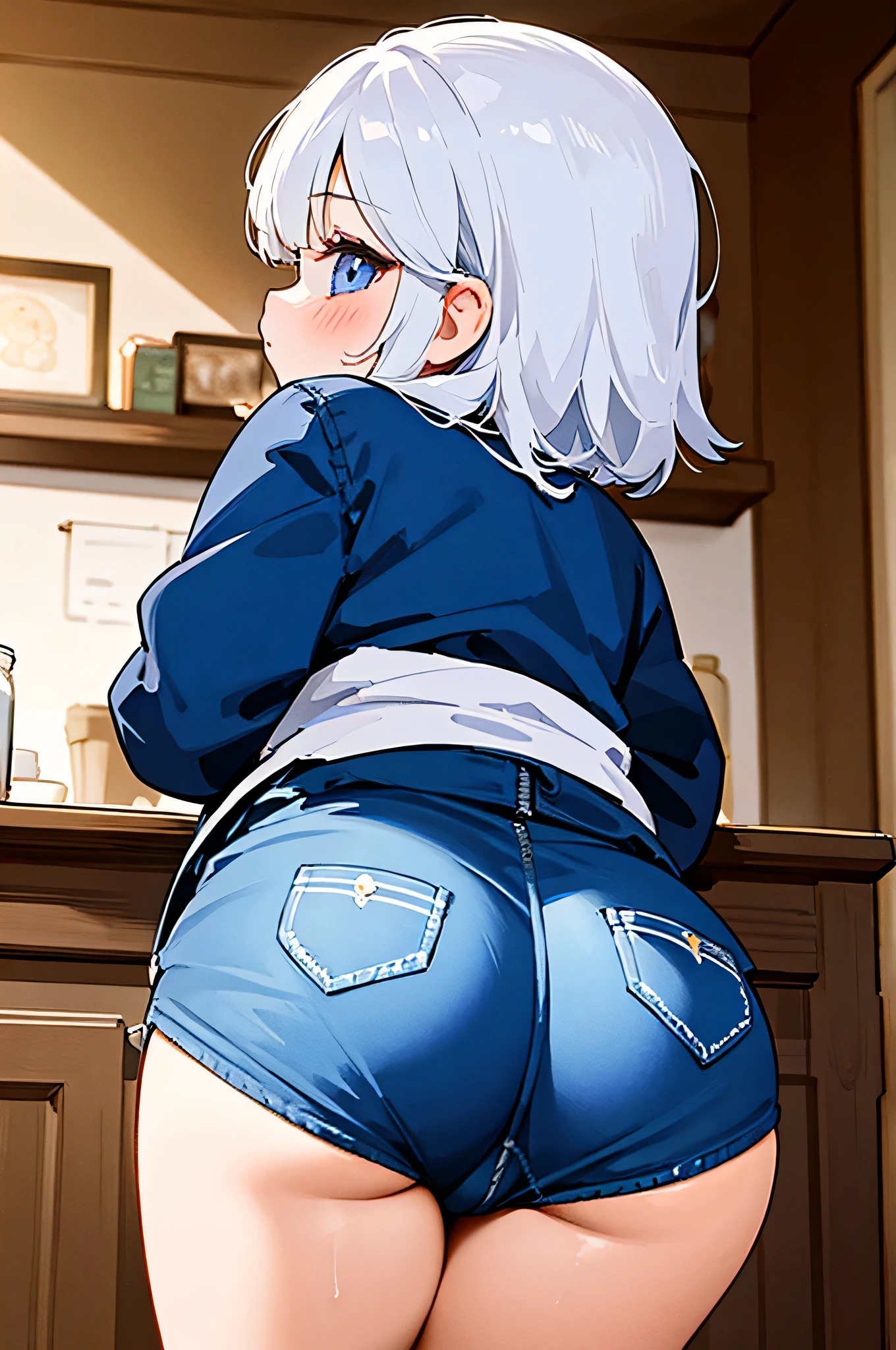 (Best quality, masterpiece) Anime girl, big butt, huge breasts, big hips, curvy girl, fleshy lips, soft skin, short hair, blue and white hair, thick legs, thick thighs, bedroom, prancing ass, sweating, mini skirt, glued blazer (student, kiss on the mouth, 2 girls)