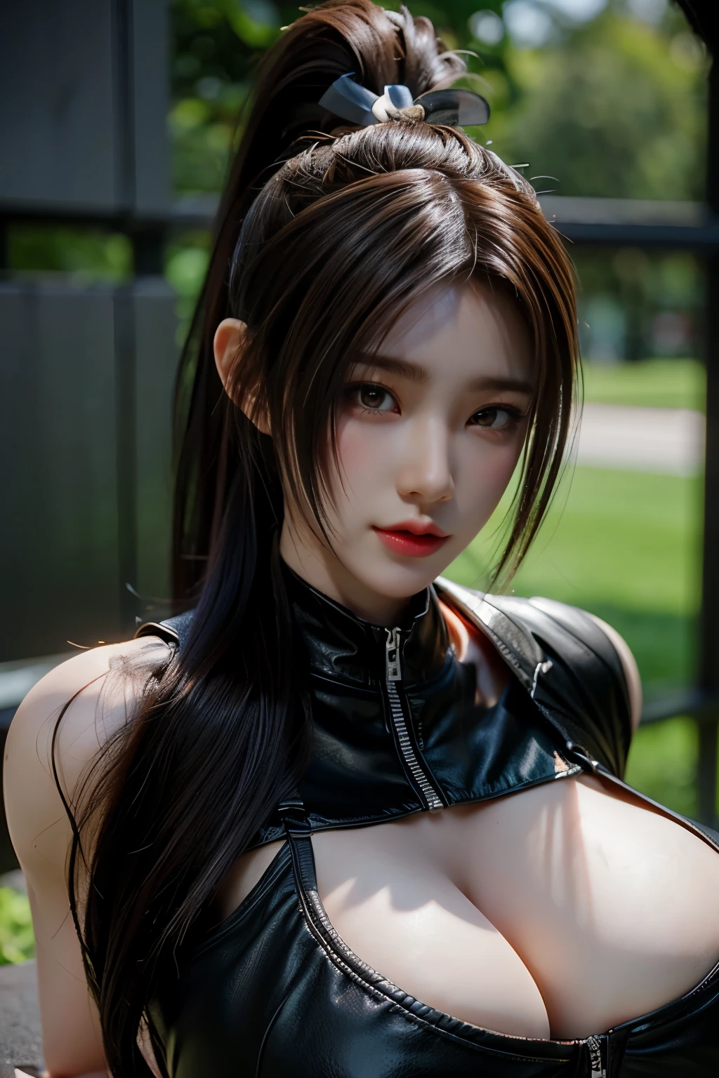 Masterpiece,best quality best,High resolution,8k,(Portrait),(Close-up of the avatar),(RAW photos),Real photos,digital photography,(sporty girl),20 year old girl,Long ponytail hairstyle,By Bang, Smile and charming,huge breasts,rift,Posing for pictures,Realistic style, rainy background,oc render reflection textures,Bikini,Huge breasts, pantyhose, Bra