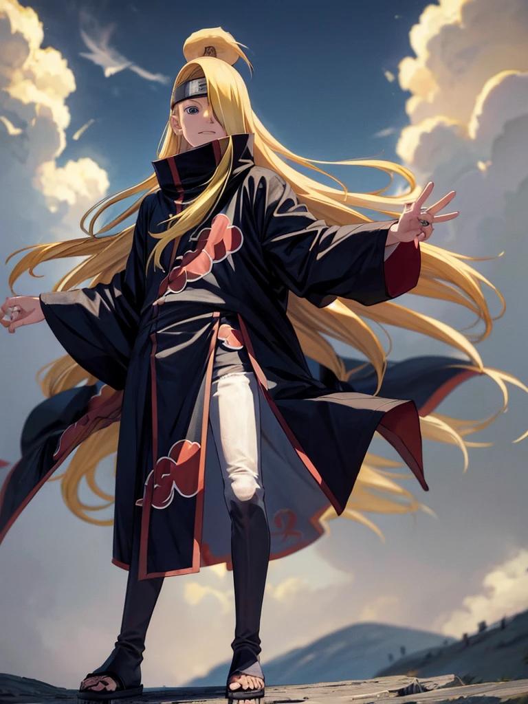 Deidara. young man.  1. long blonde hair.  Blue eyes. Long bangs on the left side. High media collection . sexy, angelic face. Standing on a mountain 