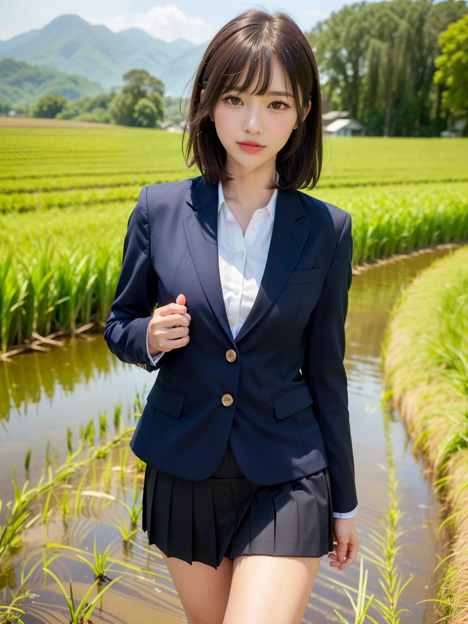 ((Best of the highest quality, 8k, Masterpiece, raw photo: 1.2)), (Sharp focus: 1.2), (1 AESPA, slim body type female, 21 y/o: 1.1), (solo: 1.28), (realistic, photo-realistic:1.37), cute face, finely eyes, (droopy eyes: 1.32), (Emphasize prominent aegyo-sal with bright: 1.2), shimmering eyeshadow applied under the lower lash line, paired with thick, (small breasts, flat chest, Thigh: 1.3), (short messy hair, bangs: 1.28), (blazer, ribbon, panties: 1.32), walking on country road, (rice field, paddy field: 1.1), flower, (from below: 1.16)