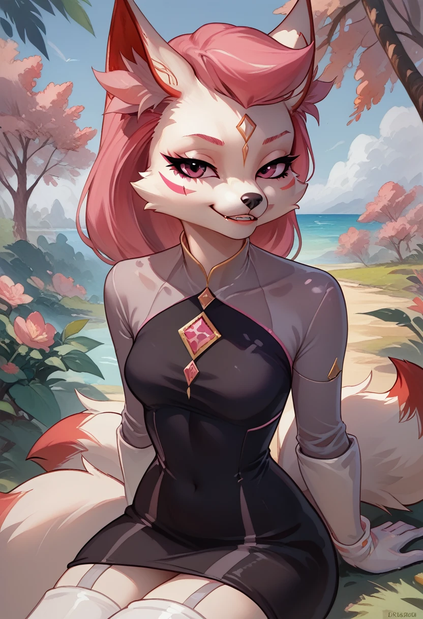 score_9, score_8_up, score_7_up, ultra quality, 1girl, Kimikoxl, anthro, white fox girl, white fur, pink hair, ponytail, white animal ears, animal nose, pink eyes, face markings, smirk, sweet smile, mouth closed, black dress, dress, skin tight dress, white gloves, white thighboots, sitting, seductive look, bedroom eyes, white fox tail, cowboy shot, looking at viewer, staring at viewer, infatuated with viewer, looking back,outdoors, sunny