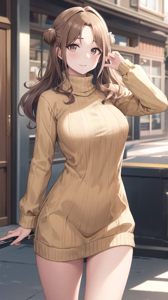 masterpiece, best quality, highres, hmhinana, long hair, single side bun, hair ribbon, cowboy shot, walking, street, turtleneck, virgin killer sweater, ribbed sweater, long sleeves,