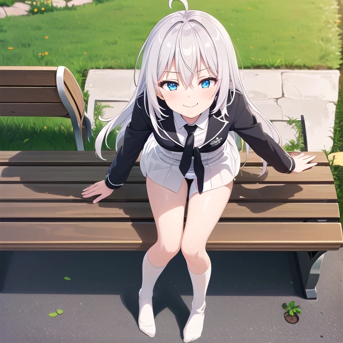 (((((full body shot)))))),(masterpiece:1.2), Best Quality,((((High resolution)))), unity 8k wallpaper, (shape:0.8), ((((Highly detailed face)))), Perfect lighting, (((Extremely detailed CG))),(((1girl))), Ahoge, bangs, Black legwear, blue eyes, Eyebrows visible through hair, Hair between the eyes,  Headrest,White jacket, Long Hair, Long sleeve, Neck ribbon, Long Hair, shirt, Silver Hair, skirt, ((smug face)), Alone,zettai ryouiki,((((Black knee-high socks)))),((garden)),((((On the bench)))),((legs up)),(((From above))),(((Tie your clothes around your waist))),((((White panties))))