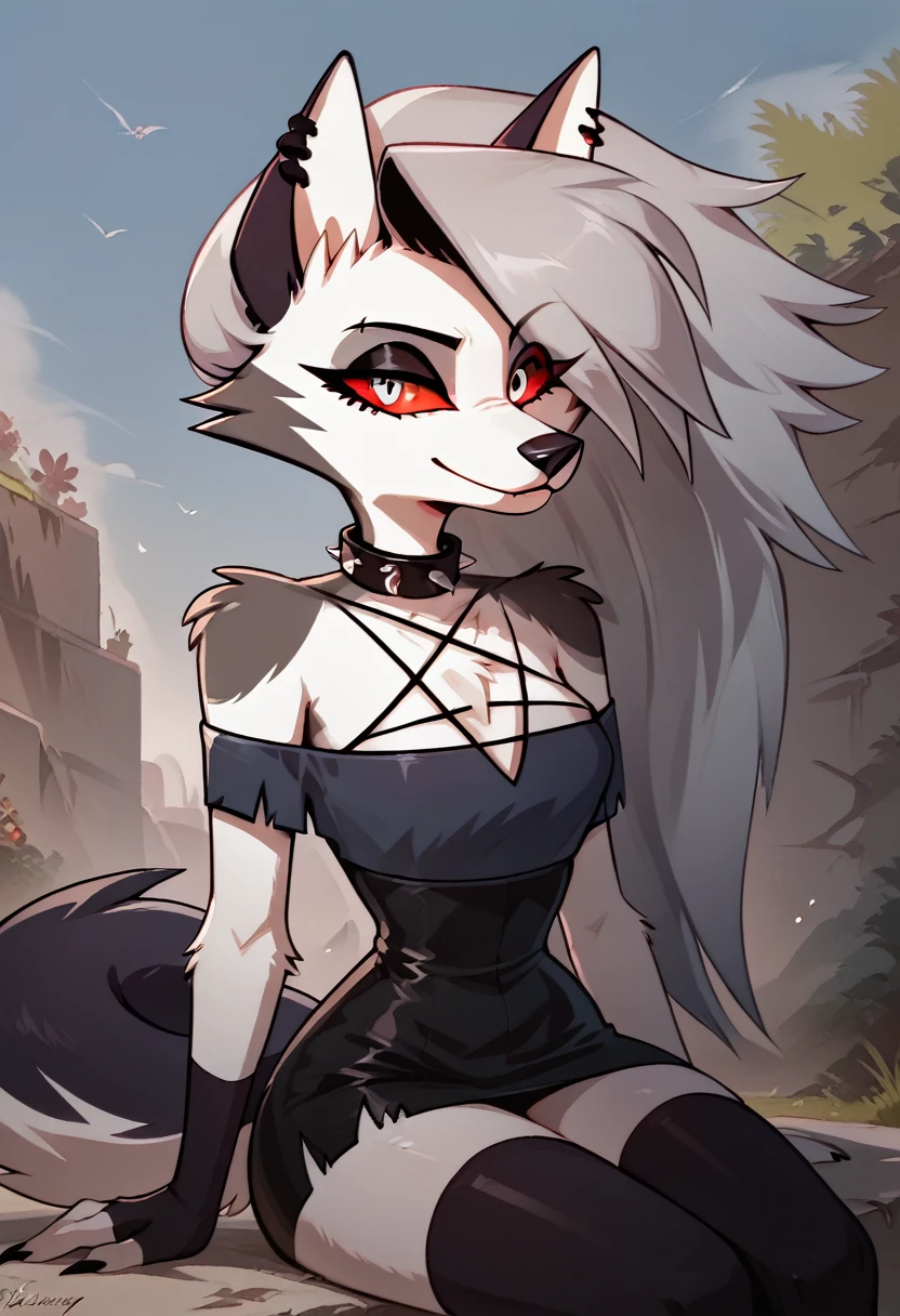 by fluff-kevlar, by Zackary911, by Kenket, by Kilinah, by fluff-kevlar, (masterpiece), (best quality), (anthro furry:1.3, snout:1.2, anthro:1.3, furry:1.2, solo female:1.2), (extremely detailed:1.3), loona, hellhound, anthropomorphic wolf, wolf body, forest background, shadows, fluffy hair, furry hair, furry body, shaders, fluffy tail, fluff, wolf, loona design, loonabody, large breasts, lustful expression, large tree in background, Helluva Boss style, Helluva Boss art, eager, sexy, seductive, front view, leaning forward, closed eyes, By zinfyuu on pixiv,by twistedscarlet60, uploaded on pixiv, by fluff-kevlar, (masterpiece), (best quality), (anthro furry:1.3, snout:1.2, anthro:1.3, furry:1.2, solo female:1.2), (extremely detailed:1.3), tall, slim body, sweet smile, wear Black tshirt and long skirt, loona, light coloring, extreme shading, highres, white fur arms