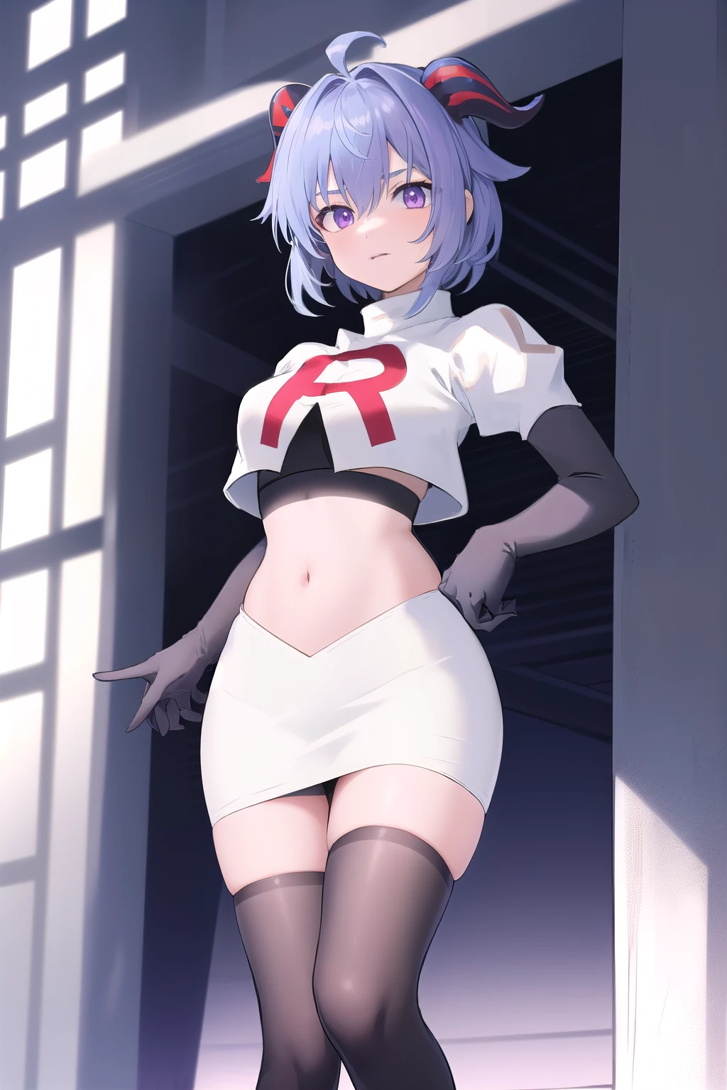 ganyudef, violet eyes,short hair, light blue hair, ahoge,horns on head, neck bell,team rocket,team rocket uniform,white skirt,red letter R,crop top,black thigh-highs,black elbow gloves