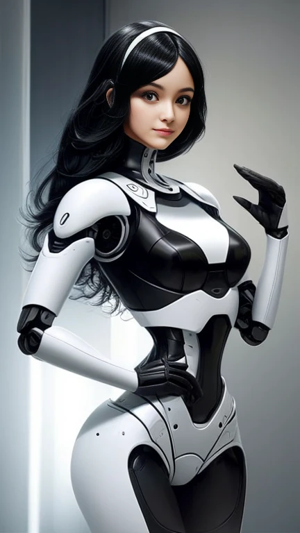 A female humanoid robot designed to work as a housekeeper、Black Hair、Elegant medium length hair、Waving Hair、