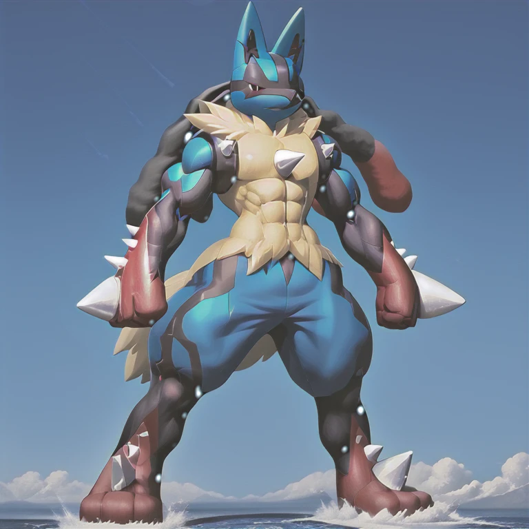 (masterpiece. official art. 8k. best quality. detailed full body. full body.)

(situation 1 : dominating Mega_Lucario. Mega_Lucario is over 1000 meters long. focus GIANT mechanical Muscular Mega_Lucario is trampling the city. Looking down. macro. stomp. Low-angle perspective. emphasizing the immense size.)

(situation 2 :smoke and flames rising from the destruction in the city)

(Additional details 2: Detailed head. Detailed Body. Detailed abs. gigantic muscles. HYPER MUSCLES. Gigachad Muscular. big muscle. pecs. triceps. traps. unusually developed muscular body. body full of huge muscles. showing off muscles. pectorales enormes. Exaggeratedly huge muscles. huge muscles. long legs.).

(Megacario, pokemon)