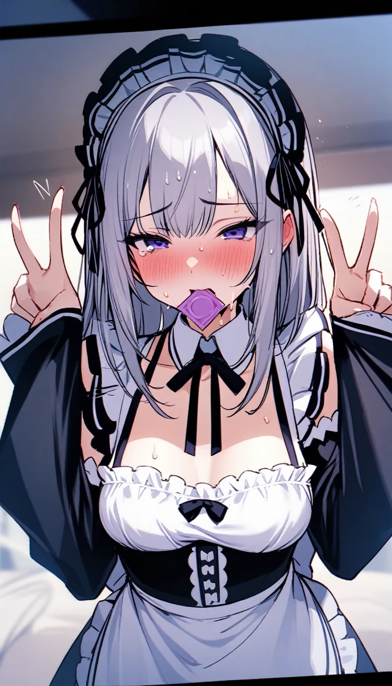 (masterpiece, best quality),nsfw,
1girl, sitting, looking up, (close-up face:1.1), 
break girl, maid, maid headdress, silver hair, long hair, shiny hair, red eyes, tears, blush, embarrassed, (open mouth:1.1), (saliva:1.2), (saliva trail:1.4), (closed eyes:1.1), tongue out, (long tongue:1.1), (cum on tongue:0.9), heavy breathing, 
break background floor