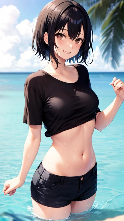 (masterpiece:1.3), (Best Quality:1.3), (Ultra-detailed:1.2), ((kawaii)), Cute, (lovely), ((sexy)), ((Extremely detailed)), 4K, (8K), Best Quality, (Beautiful), Illustration, anime style, (bold line:1.2), Gradation, looking at viewer, //, (bent down:1.1), (arms behind back), //, a cute girl, 1girl, (solo:1.2), gleaming skin, //, (flat chested), (Perfect eyes:1.2), (Perfect iris:1.2), //, darkblue hair color, (beautiful eyes) //, (half closed eyes:1.3), (sexual expression:1.2), Fascinated expression, smile, (blush:1.2), //, modern city background, sit on rock, sailor uniform with skirt, twin tails, muscle girl, hard abs