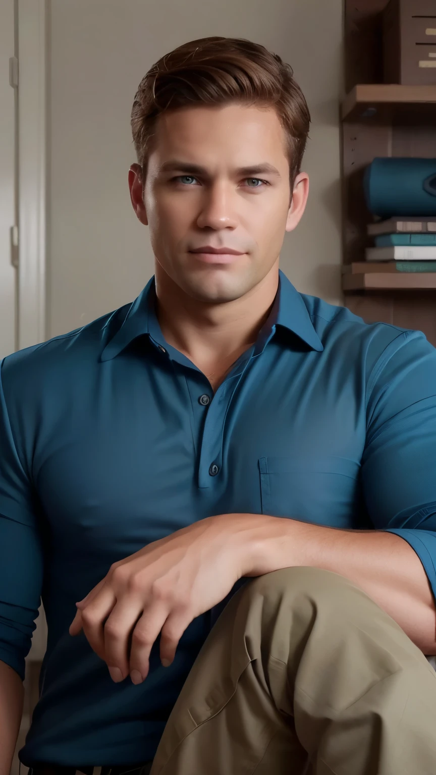 40 year old olive skin man... Pale blue eyes... Fair-skin, tanned...Tousled Short dark blonde hair... Slight stubble, not fully clean-shaven but also not completely unshaved... 1.88m tall... Athletic, slightly muscular, with a lean and fit build... He's wearing a jacket, t-shirt and jeans