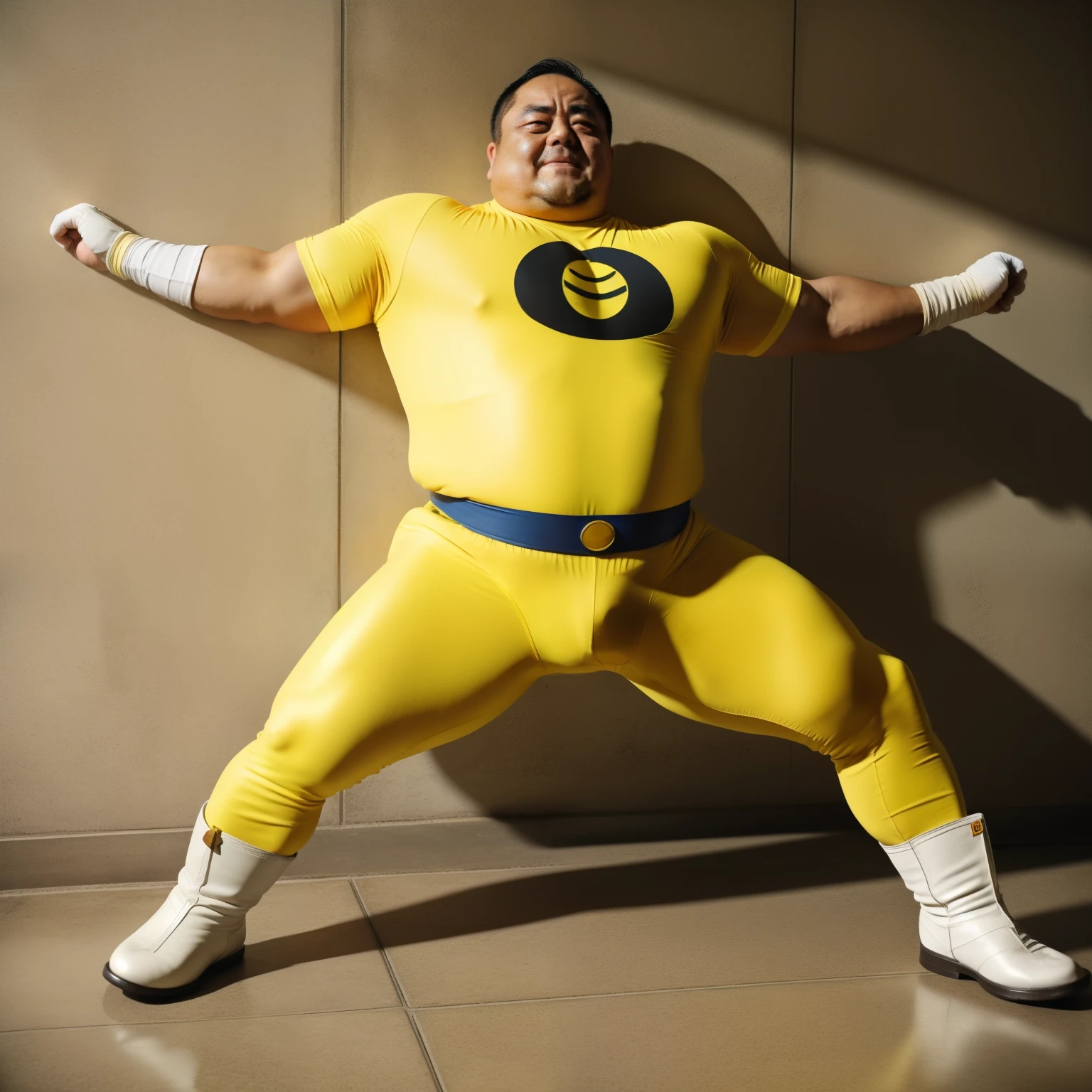 Thick Japan middle-aged man in his 30s, 1man, dwarfism, short, bushy Japanese, short legs, Heavyset, crew cut, thin hair, wide forehead, He is SENTAI HERO in Yellow color spandex tights is crucified by Villains, He wear Long White Boots, He wear Long White gloves, forced Arms up, stretched out his arms to up, He is crying as he is restrained, squatting, spread legs, He is incontinent, casting a gentle shadow on the raw concrete wall, low angle, medium shot, a picture, high detail photo, 8K, masterpiece