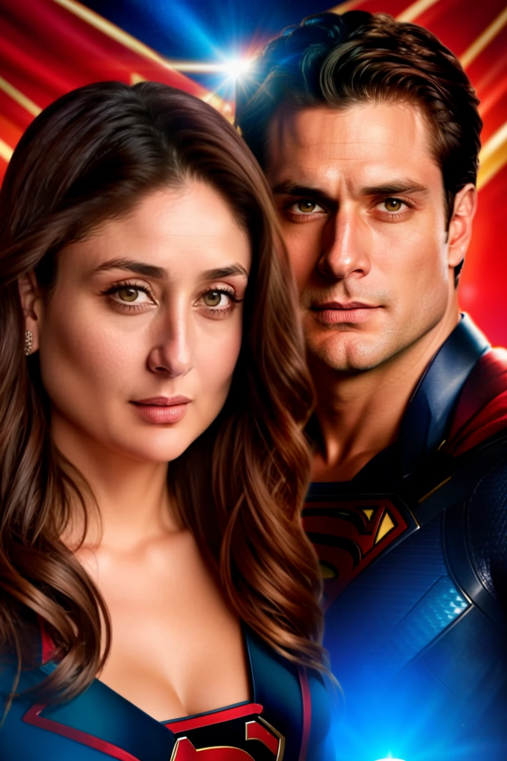 A Hollywood movie poster with Kareena Kapoor and henry cavill. superman movie poster