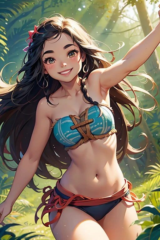 Smiling cheerful Disney's Moana with very long down loose hair down to her hips in the forest 