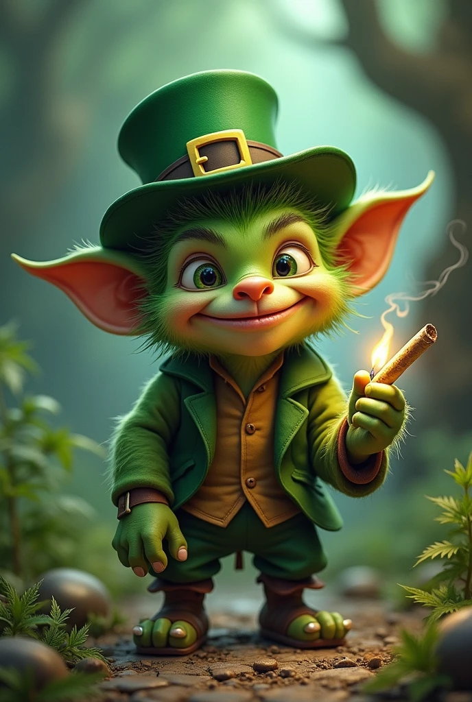 Green mafia goblin in hat with watches and gold chains , laughing, sticking out his middle finger and with many weapons in his hand, sitting on gold and clovers, smoking tobacco