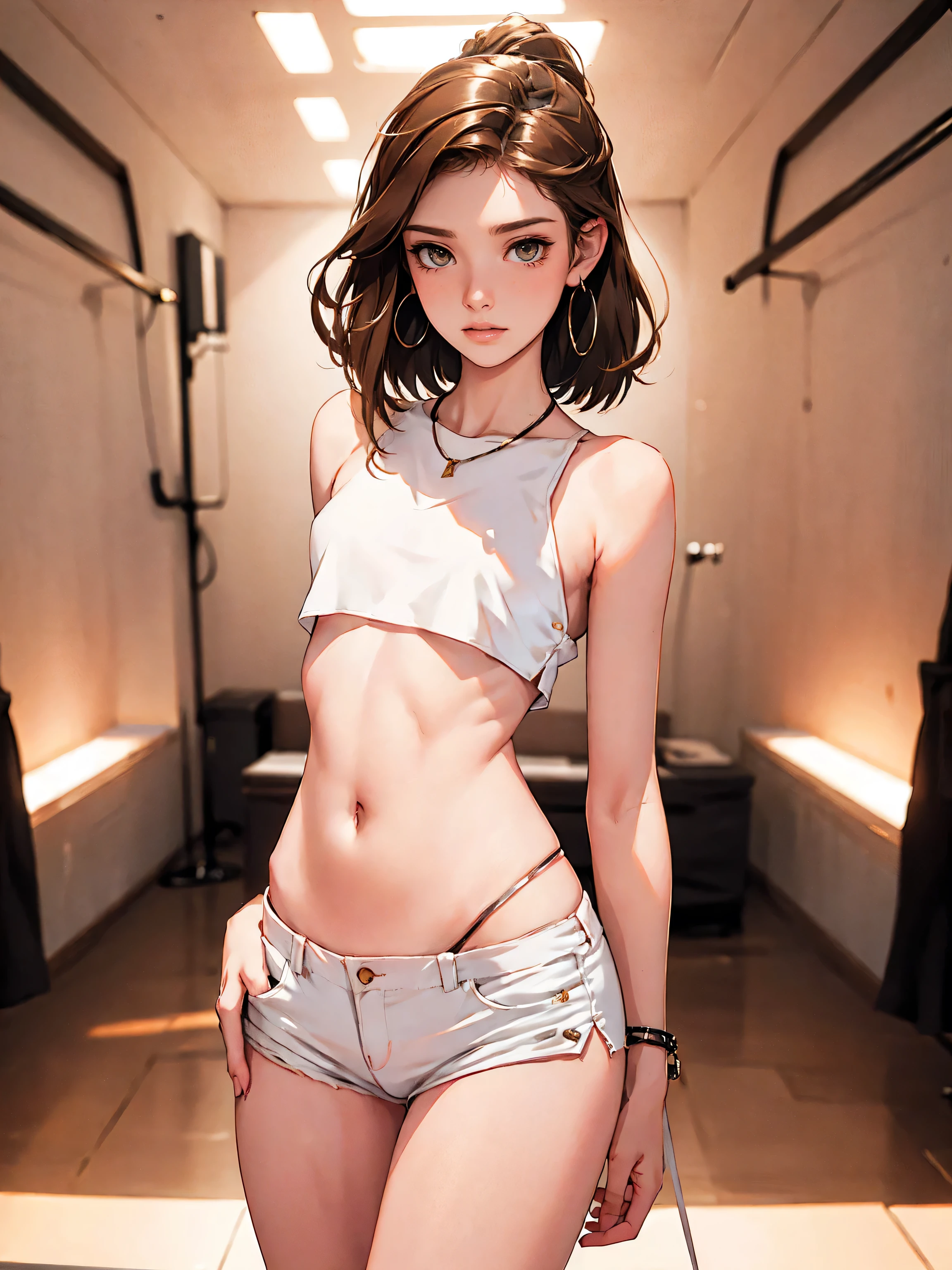 (masterpiece), best quality, expressive eyes, perfect face, nightclub background), (standing), (smirk), (closeup view), (1girl, blaire ivory,  brown hair ,slender figure, thin body, skinny body, petite_body, medium breasts, slim thighs, long fingernails, ,white shorts, crop top, thong straps, hoop earrings, miscellaneous jewelry, slutty)), slim hips