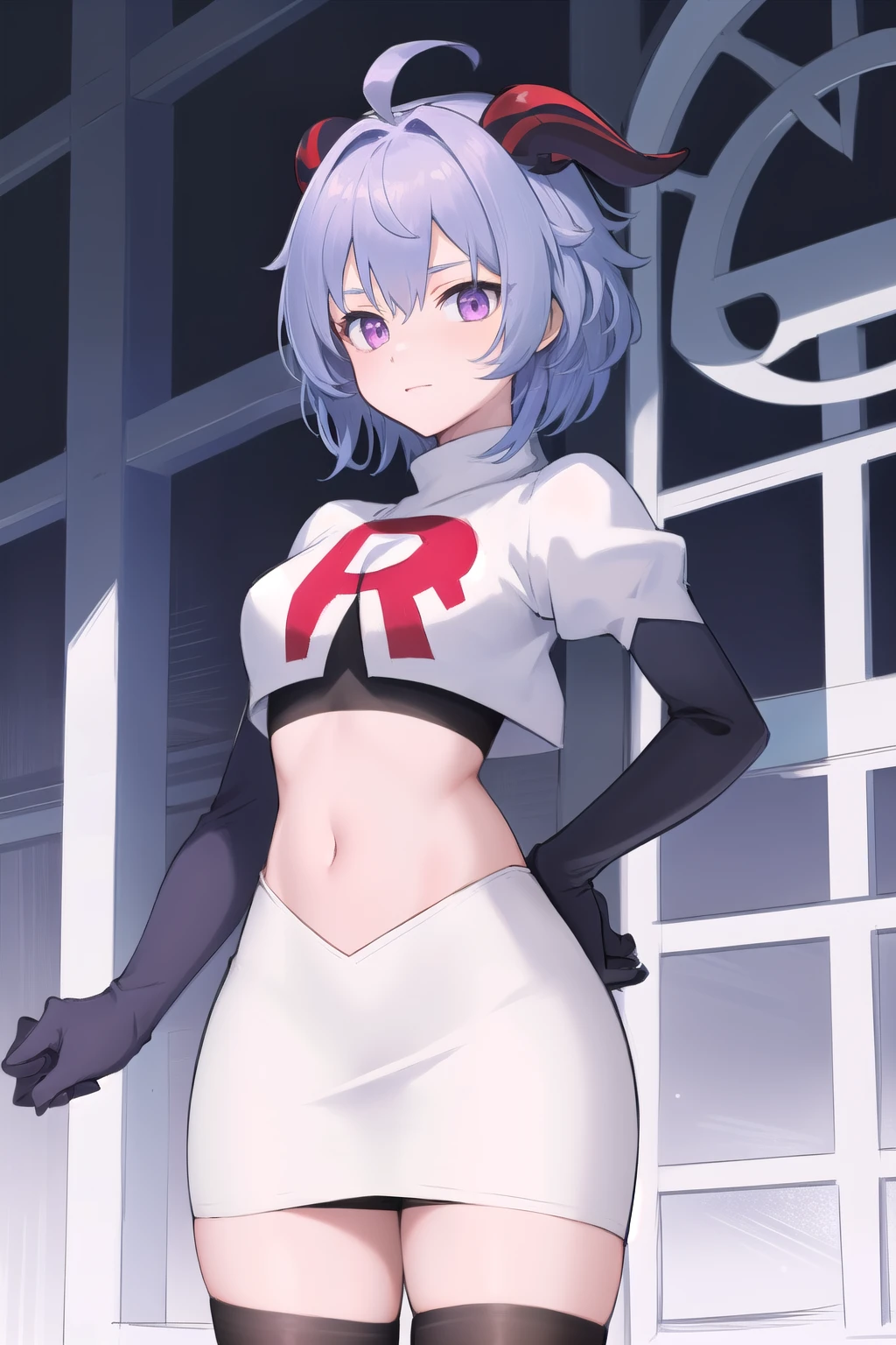 ganyudef, violet eyes,short hair, light blue hair, ahoge,horns on head, neck bell,team rocket,team rocket uniform,white skirt,red letter R,crop top,black thigh-highs,black elbow gloves