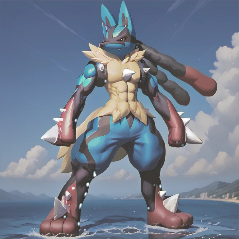 (masterpiece. official art. 8k. best quality. detailed full body. full body.)

(situation 1 : dominating Mega_Lucario. Mega_Lucario is over 1000 meters long. focus GIANT mechanical Muscular Mega_Lucario is trampling the city. Looking down. macro. stomp. Low-angle perspective. emphasizing the immense size.)

(Additional details 2: Detailed head. Detailed Body. Detailed abs. gigantic muscles. HYPER MUSCLES. Gigachad Muscular. big muscle. pecs. triceps. traps. unusually developed muscular body. body full of huge muscles. showing off muscles. pectorales enormes. Exaggeratedly huge muscles. huge muscles. long legs.).

(Megacario, pokemon)

(An arrogant expression. smile at the corner of your mouth.)
No nipples. 