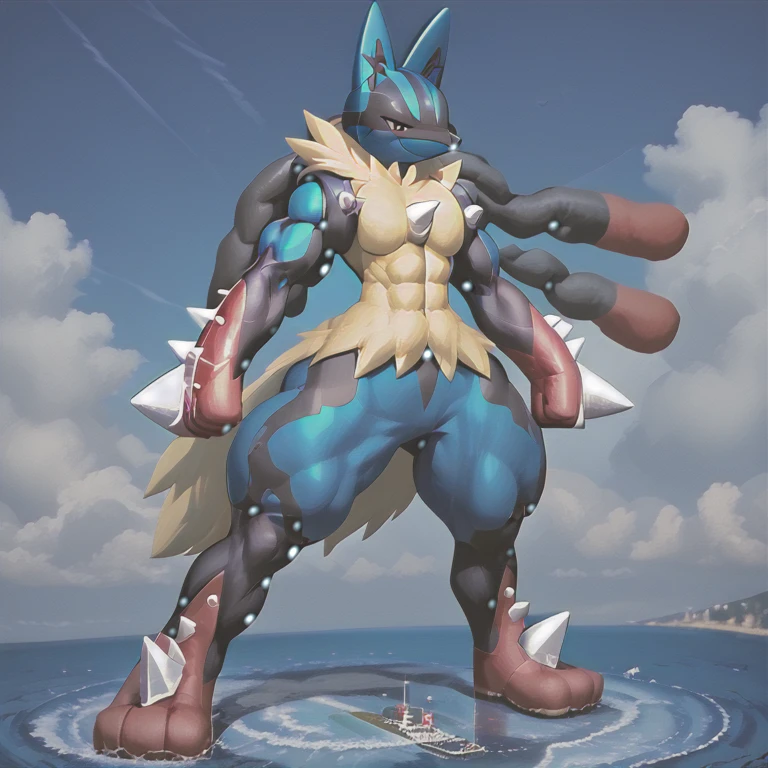 (masterpiece. official art. 8k. best quality. detailed full body. full body.)

(situation 1 : dominating Mega_Lucario. Mega_Lucario is over 1000 meters long. focus GIANT mechanical Muscular Mega_Lucario is trampling the city. Looking down. macro. stomp. Low-angle perspective. emphasizing the immense size.)

(Additional details 2: Detailed head. Detailed Body. Detailed abs. gigantic muscles. HYPER MUSCLES. Gigachad Muscular. big muscle. pecs. triceps. traps. unusually developed muscular body. body full of huge muscles. showing off muscles. pectorales enormes. Exaggeratedly huge muscles. huge muscles. long legs.).

(Megacario, pokemon)

(blue skin, yellow fur,)
(An arrogant expression. smile at the corner of your mouth.)
No nipples. 