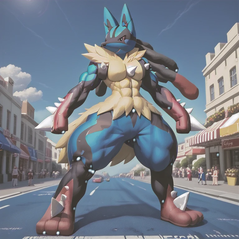 (masterpiece. official art. 8k. best quality. detailed full body. full body.)

(situation 1 : dominating Mega_Lucario. Mega_Lucario is over 1000 meters long. focus GIANT mechanical Muscular Mega_Lucario is trampling the city. Looking down. macro. stomp. Low-angle perspective. emphasizing the immense size.)

(Additional details 2: Detailed head. Detailed Body. Detailed abs. gigantic muscles. HYPER MUSCLES. Gigachad Muscular. big muscle. pecs. triceps. traps. unusually developed muscular body. body full of huge muscles. showing off muscles. pectorales enormes. Exaggeratedly huge muscles. huge muscles. long legs.).

(Megacario, pokemon)

(blue skin, yellow fur,)
(An arrogant expression. smile at the corner of your mouth.)
No nipples. 