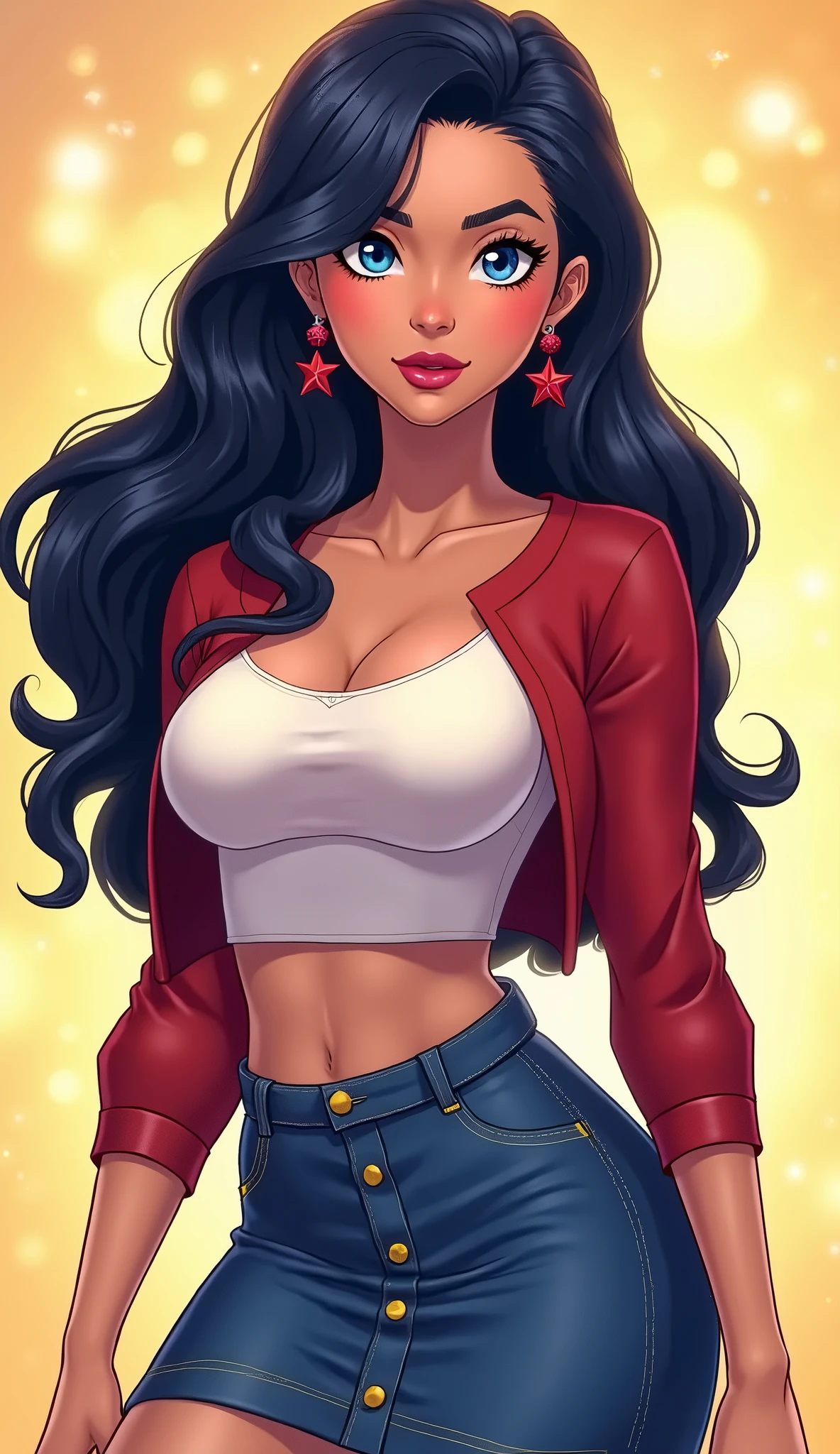 Tall girl, extra large chest, long straight black hair, brown eyes, big black eyelashes, dresses in wine shirt, tied knot, shows navel, sexy curve, and blue denim pants.