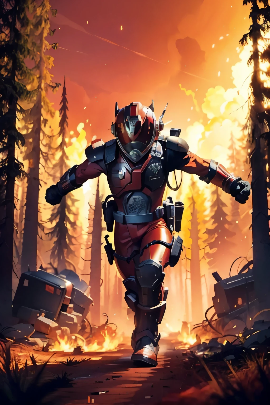 red power ranger fighting a forest fire, running after an explosion, well detailed helmet with a black visor