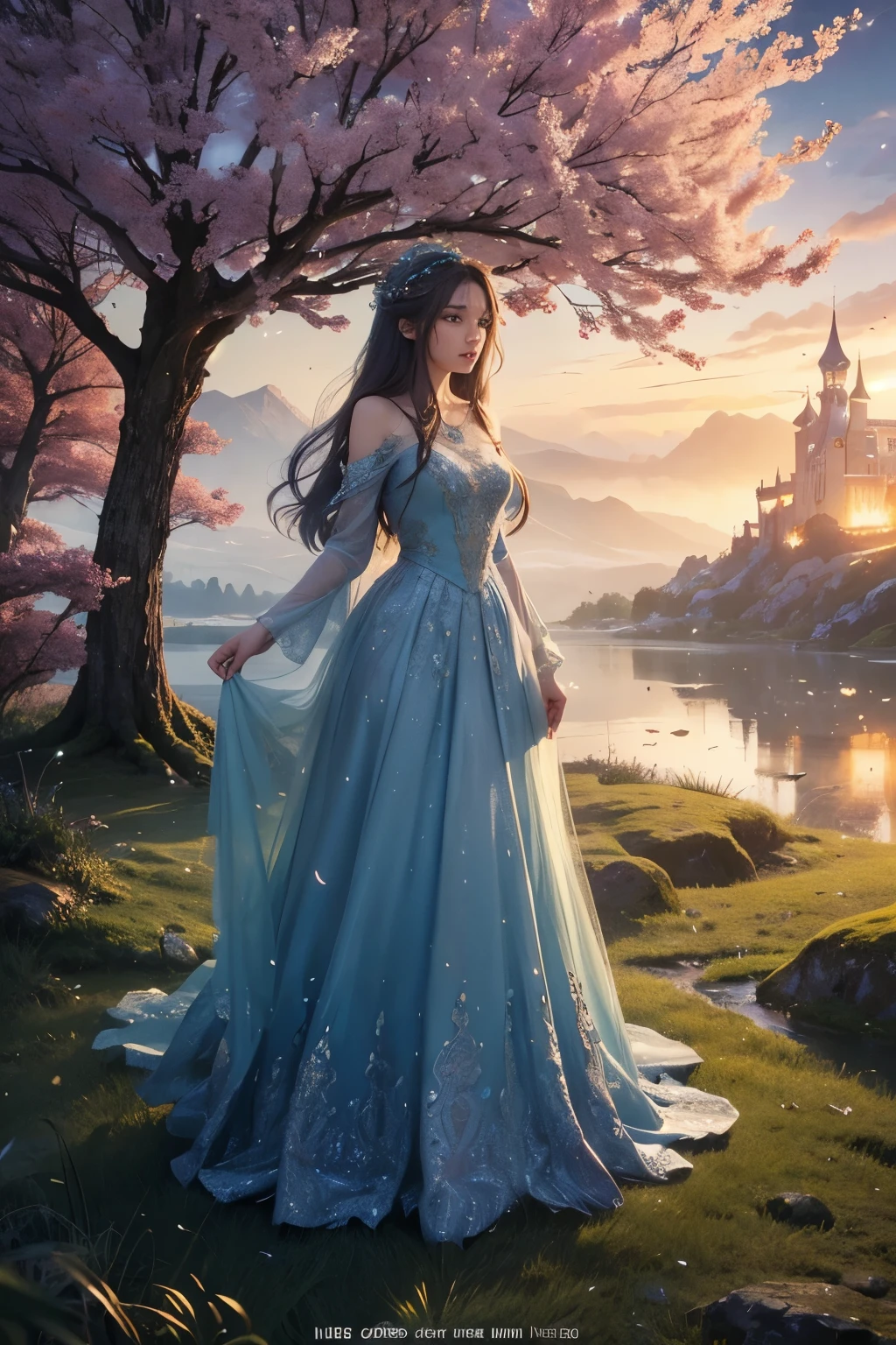 there is a woman in a white dress standing in front of a castle, like Alice in wonderland, beautiful face, detailed face, detailed fingers, fantasy fairytale story, beautiful render of a fairytale, beautiful fantasy maiden, fairytale artwork, beautiful fantasy art, romantic storybook fantasy, very beautiful fantasy art, realistic fantasy illustration, fantasy matte painting,cute, fantasy art behance, breathtaking fantasy art, fantasy beautiful, fantasy digital art, fantasy style art