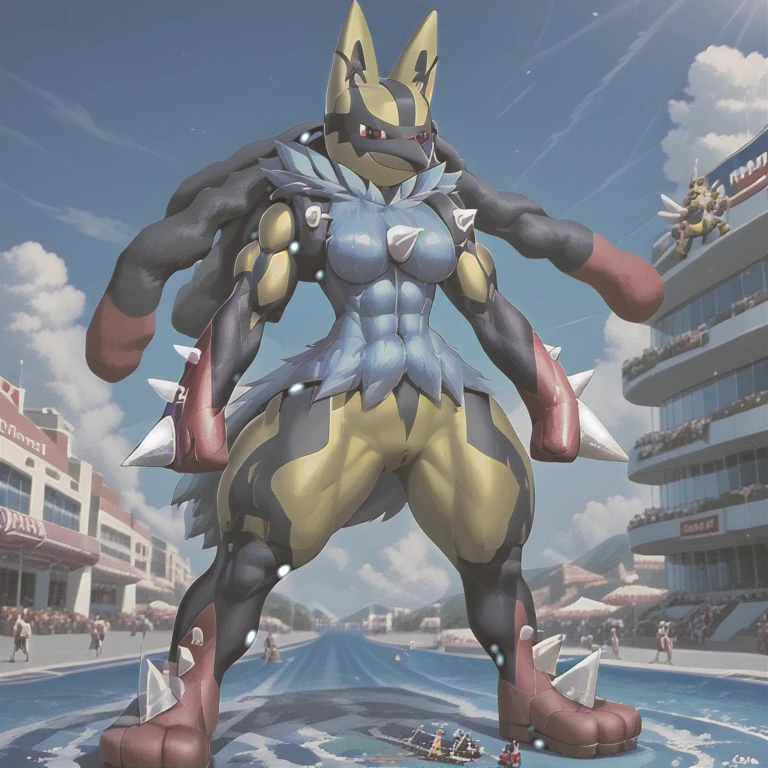 (masterpiece. official art. 8k. best quality. detailed full body. full body.)

(situation 1 : dominating Mega_Lucario. Mega_Lucario is over 1000 meters long. focus GIANT mechanical Muscular Mega_Lucario is trampling the city. Looking down. macro. stomp. Low-angle perspective. emphasizing the immense size.)

(Additional details 2: Detailed head. Detailed Body. Detailed abs. gigantic muscles. HYPER MUSCLES. Gigachad Muscular. big muscle. pecs. triceps. traps. unusually developed muscular body. body full of huge muscles. showing off muscles. pectorales enormes. Exaggeratedly huge muscles. huge muscles. long legs.).

(Megacario, pokemon)

(yellow skin, blue fur,)
(An arrogant expression. smile at the corner of your mouth.)
No nipples. 