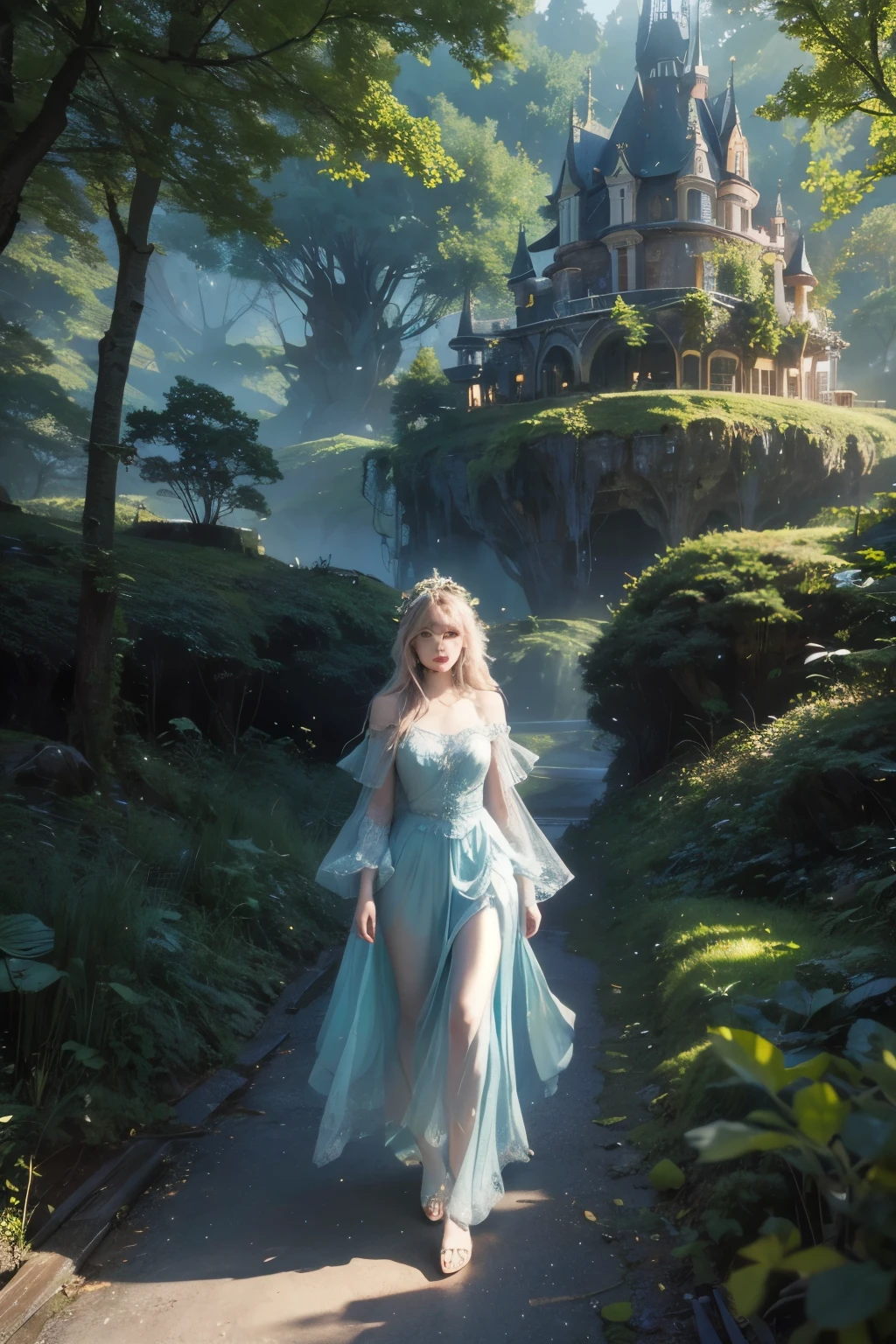 in a fairy tale world, with a cool, beautiful natural environment, a beautiful princess, wear closed long brokat dress, enchanting face, climbing the stairs of a tree house, the stairs are made from giant vines, very detailed, complex and perfect composition, very detailed, masterpiece, highest quality, very details,HDR+, cinematic, UHD, 32K