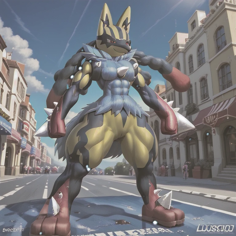 (masterpiece. official art. 8k. best quality. detailed full body. full body.)

(situation 1 : dominating Mega_Lucario. Mega_Lucario is over 1000 meters long. focus GIANT mechanical Muscular Mega_Lucario is trampling the city. Looking down. macro. stomp. Low-angle perspective. emphasizing the immense size.)

(Additional details 2: Detailed head. Detailed Body. Detailed abs. gigantic muscles. HYPER MUSCLES. Gigachad Muscular. big muscle. pecs. triceps. traps. unusually developed muscular body. body full of huge muscles. showing off muscles. pectorales enormes. Exaggeratedly huge muscles. huge muscles. long legs.).

(Megacario, pokemon)
(yellow skin, blue fur, black stripes, multicolored skin.)
(An arrogant expression. smile at the corner of your mouth.)
No nipples. 