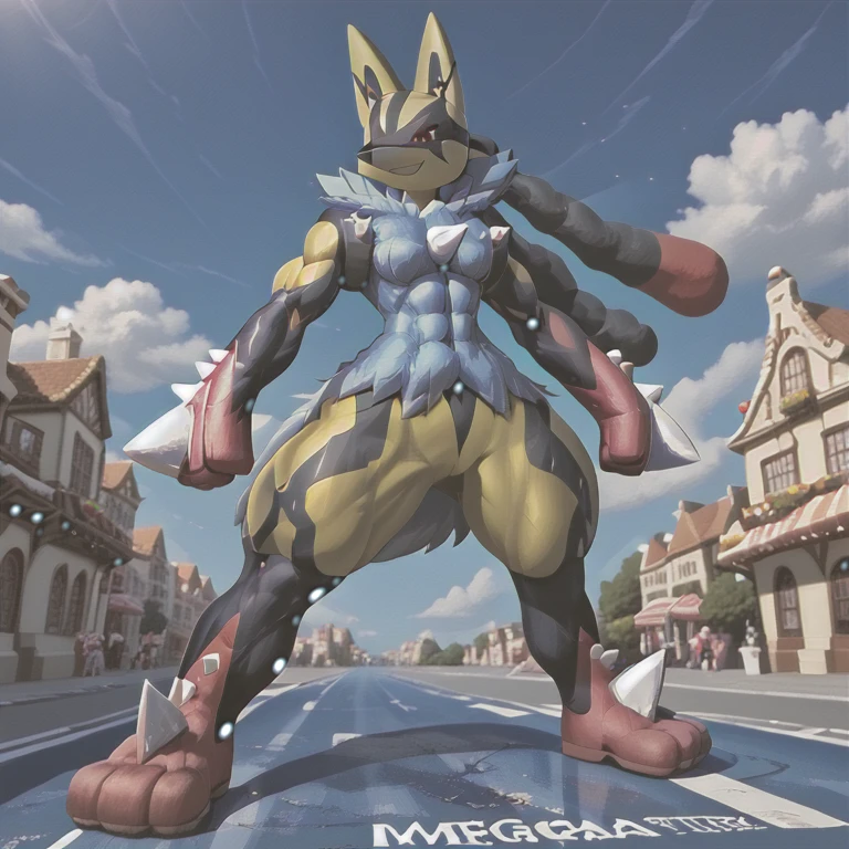 (masterpiece. official art. 8k. best quality. detailed full body. full body.)

(situation 1 : dominating Mega_Lucario. Mega_Lucario is over 1000 meters long. focus GIANT mechanical Muscular Mega_Lucario is trampling the city. Looking down. macro. stomp. Low-angle perspective. emphasizing the immense size.)

(Additional details 2: Detailed head. Detailed Body. Detailed abs. gigantic muscles. HYPER MUSCLES. Gigachad Muscular. big muscle. pecs. triceps. traps. unusually developed muscular body. body full of huge muscles. showing off muscles. pectorales enormes. Exaggeratedly huge muscles. huge muscles. long legs.).

(Megacario, pokemon)
(yellow skin, blue fur, black stripes, multicolored skin.)
(An arrogant expression. smile at the corner of your mouth.)
No nipples. 