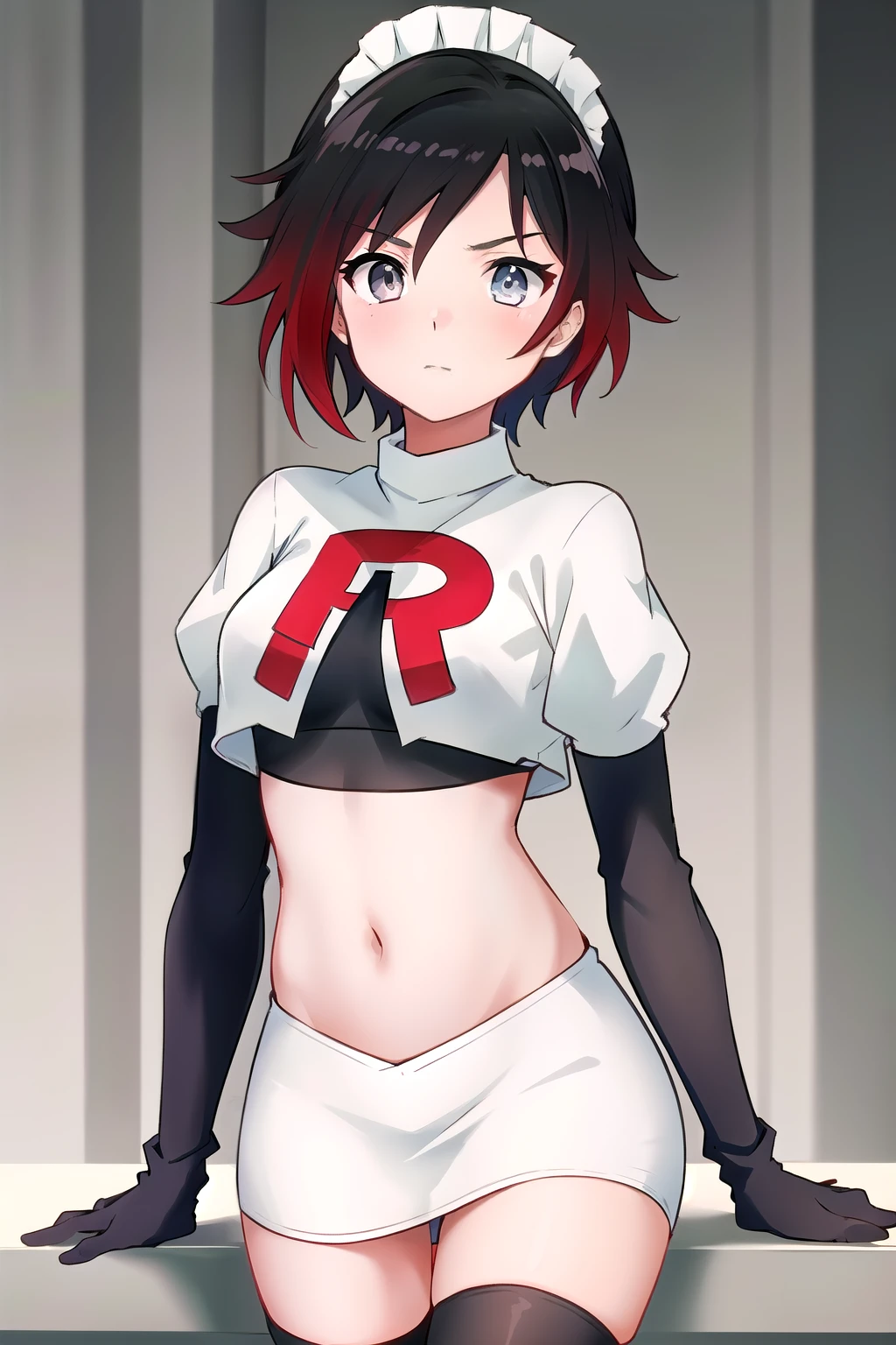 masterpiece, best quality, detailed, HD, ruby rose, 1girl, grey eyes, red hair, multicolored hair, maid headdress, team rocket,team rocket uniform,white skirt,red letter R,crop top,black thigh-highs,black elbow gloves