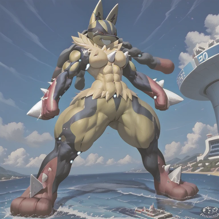 (masterpiece. official art. 8k. best quality. detailed full body. full body.)

(situation 1 : dominating Mega_Lucario. Mega_Lucario is over 1000 meters long. focus GIANT mechanical Muscular Mega_Lucario is trampling the city. Looking down. macro. stomp. Low-angle perspective. emphasizing the immense size. trampling and destroying the city.)

(Additional details 2: Detailed head. Detailed Body. Detailed abs. gigantic muscles. HYPER MUSCLES. Gigachad Muscular. big muscle. pecs. triceps. traps. unusually developed muscular body. body full of huge muscles. showing off muscles. pectorales enormes. Exaggeratedly huge muscles. huge muscles. long legs.).

(Megacario, pokemon)
(yellow skin, blue fur, black stripes, multicolored skin.)
(An arrogant expression. smile at the corner of your mouth.)
No nipples. 