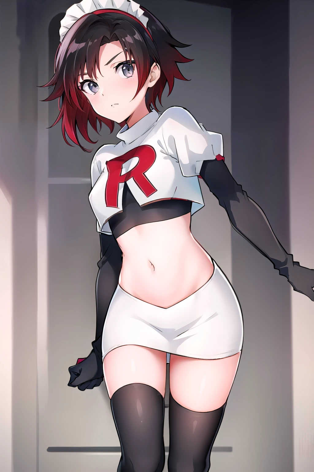 masterpiece, best quality, detailed, HD, ruby rose, 1girl, grey eyes, red hair, multicolored hair, maid headdress, team rocket,team rocket uniform,white skirt,red letter R,crop top,black thigh-highs,black elbow gloves