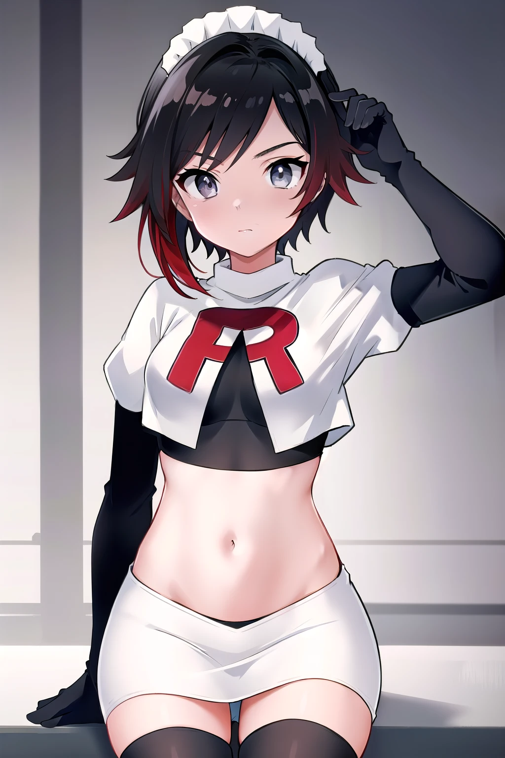 masterpiece, best quality, detailed, HD, ruby rose, 1girl, grey eyes, red hair, multicolored hair, maid headdress, team rocket,team rocket uniform,white skirt,red letter R,crop top,black thigh-highs,black elbow gloves