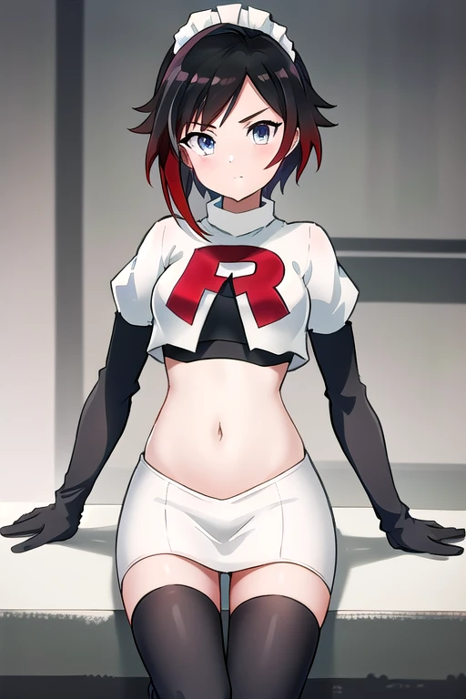 masterpiece, best quality, detailed, HD, ruby rose, 1girl, grey eyes, red hair, multicolored hair, maid headdress, team rocket,team rocket uniform,white skirt,red letter R,crop top,black thigh-highs,black elbow gloves