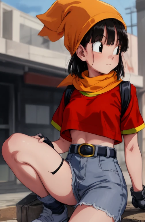 masterpiece, The best quality, The highest quality, photorealistic, perfect anatomy, Perfect face, perfect eyes,
pandballgt, 1 , black eyes, black hair, short hair, orange scarf, pants, fingerless gloves, red shirt, Crop above, exterior, ((show legs)),pose sexy